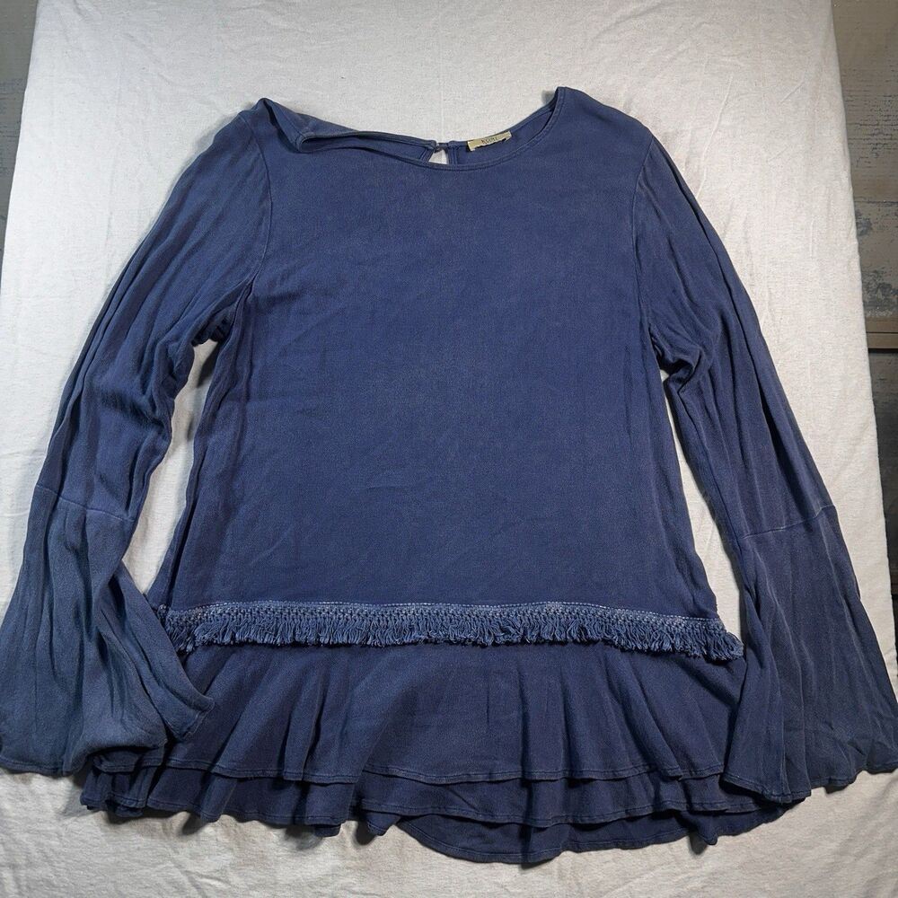 KORI Indigo Blue Mineral Wash Double Ruffle Hem Boxy Fit Tunic Top Medium